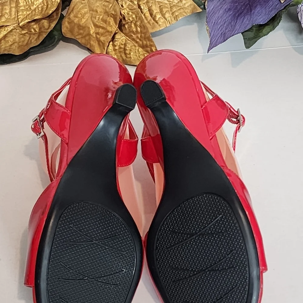 Red Patent Leather Sandals with Silver Accents